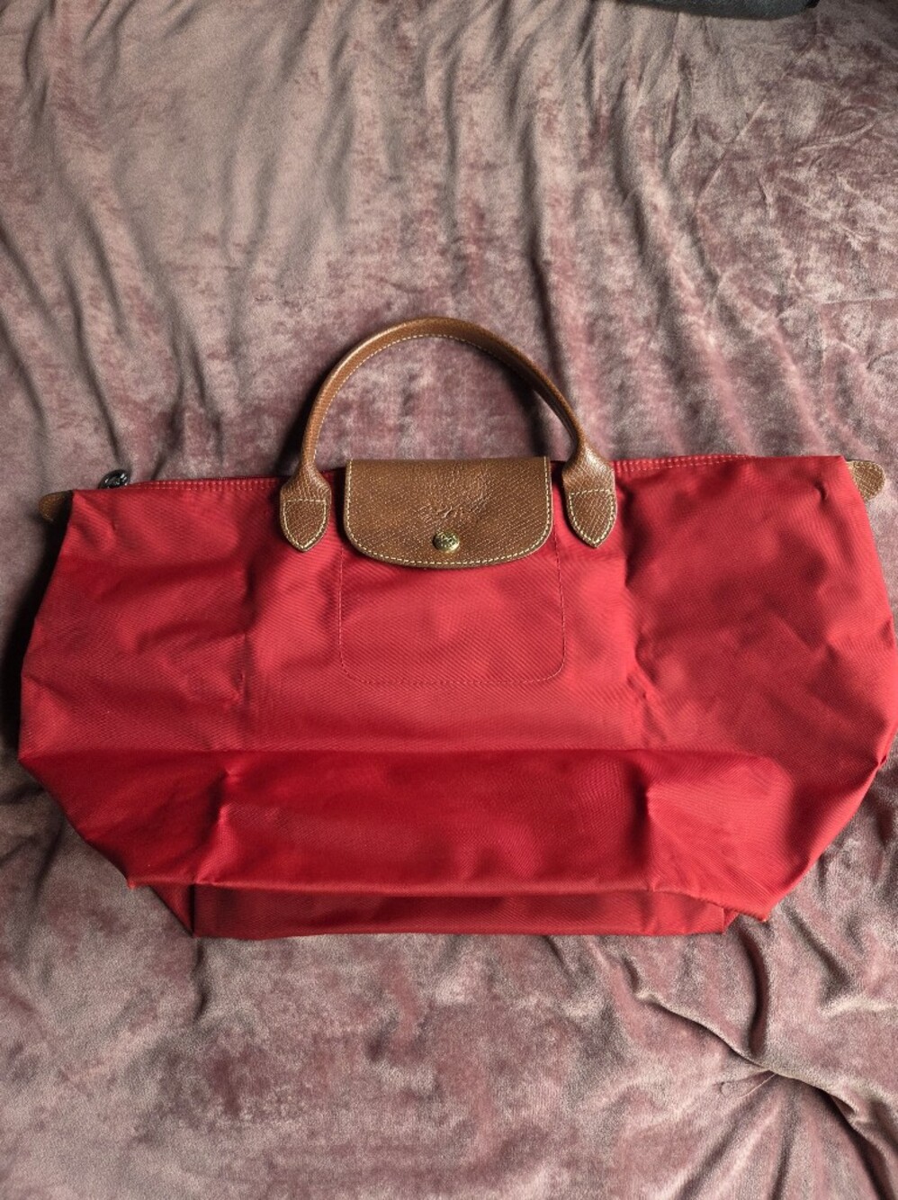 Longchamp Red Nylon Tote with Brown Leather Trim